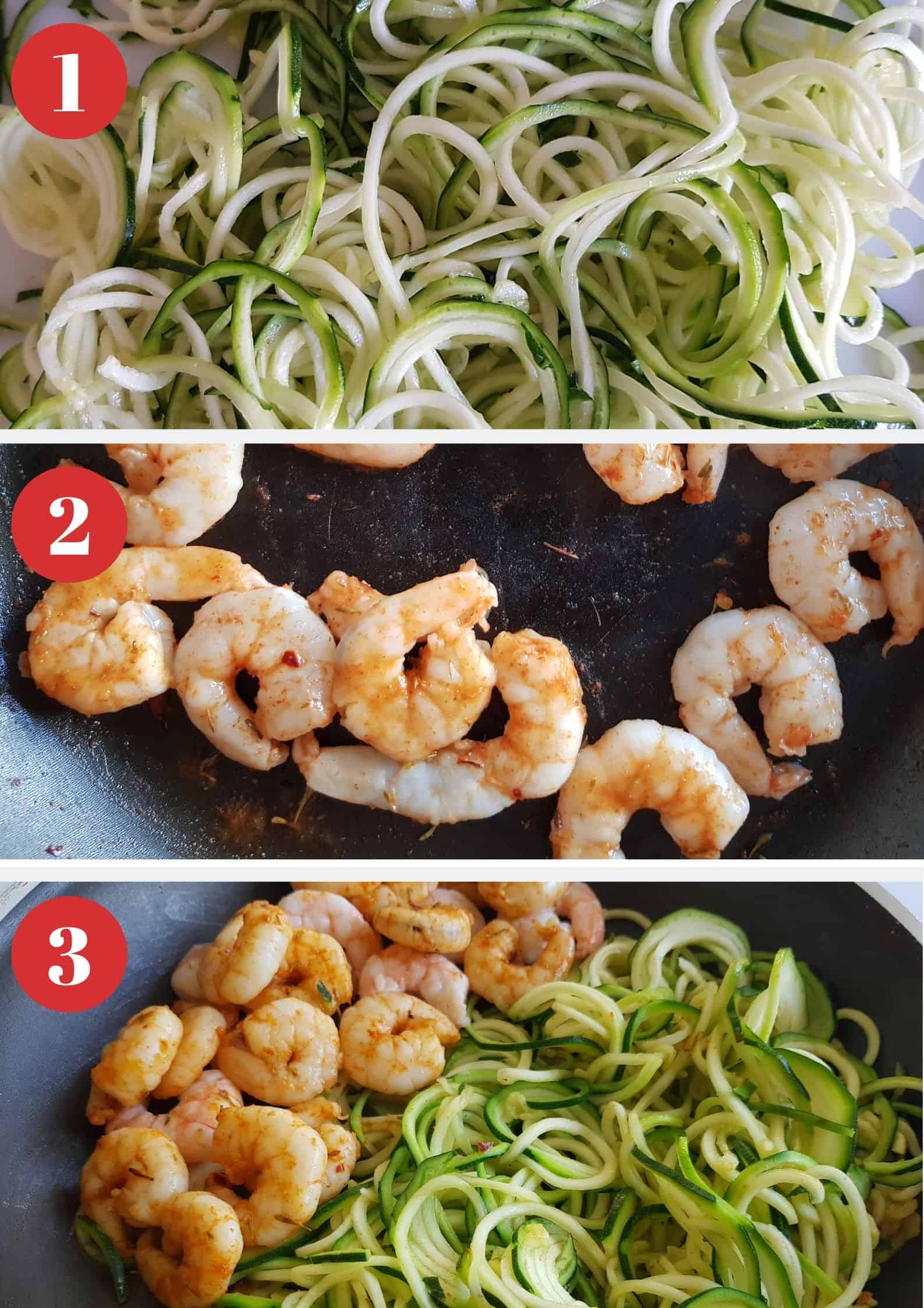 Infographic showing how to make zucchini noodles with shrimp.