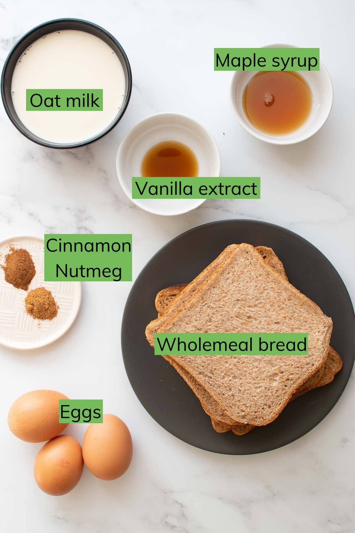 The ingredients needed to make Healthy French Toast laid out on a table.