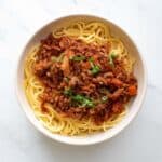 Slow cooker bolognese with spaghetti.
