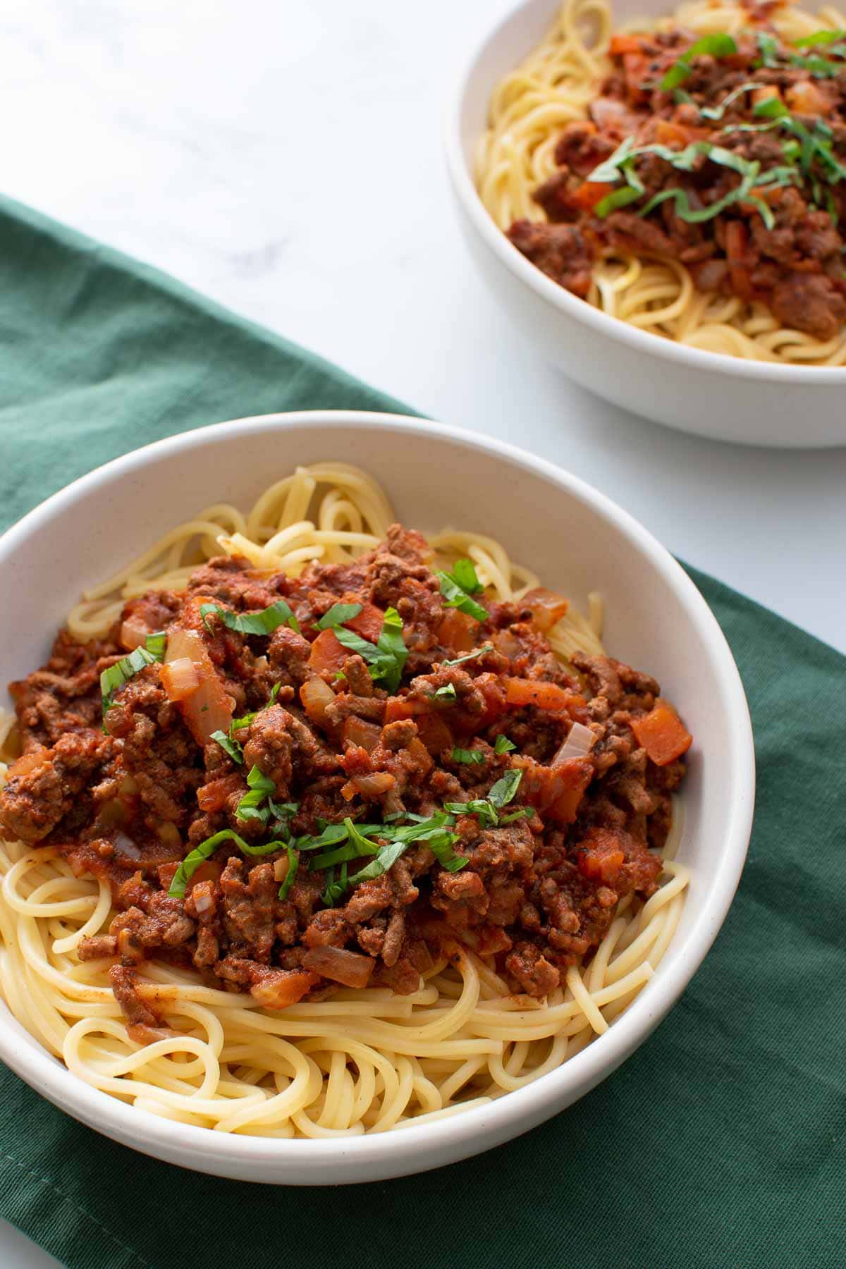 Close up of slow cooker spaghetti bolognese.